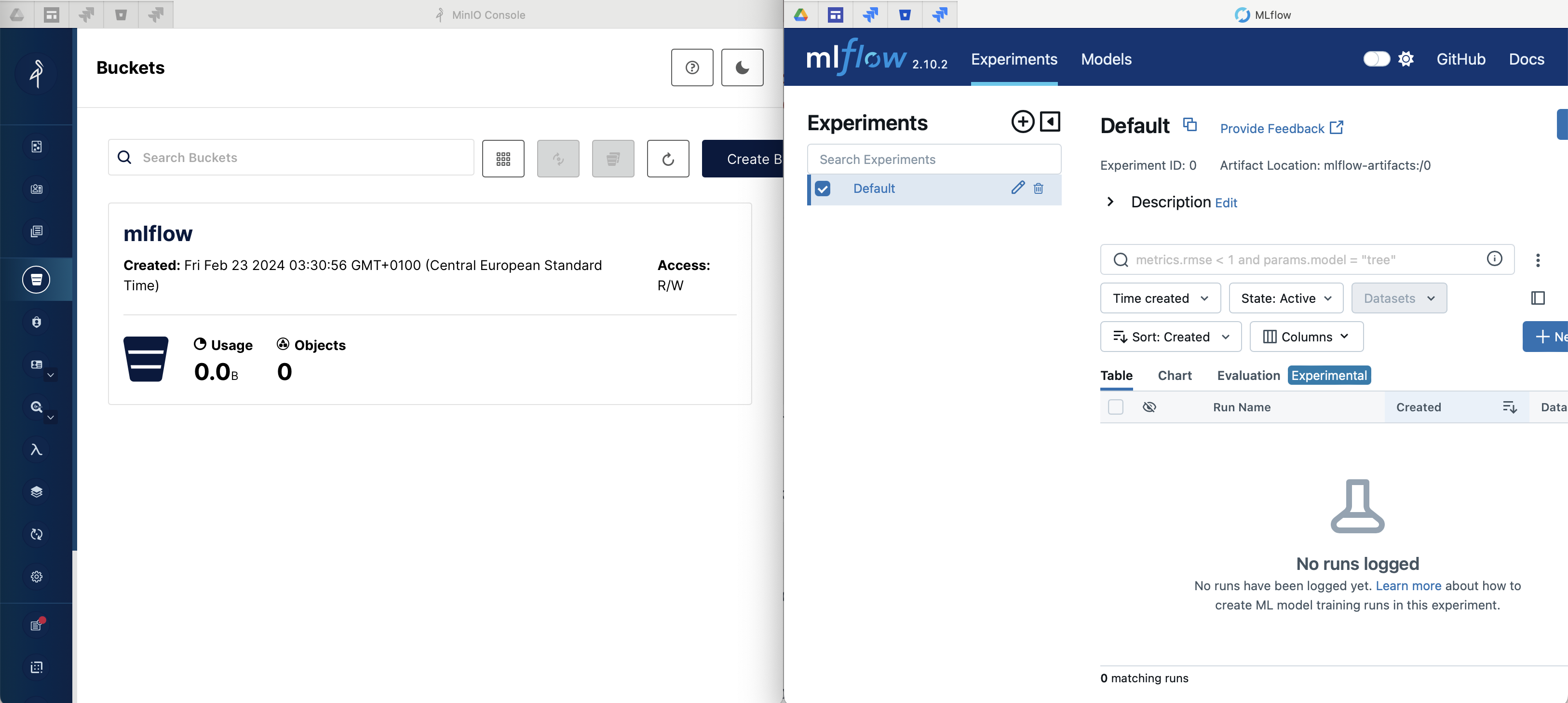 MLFlow UI & MinIO Console UI