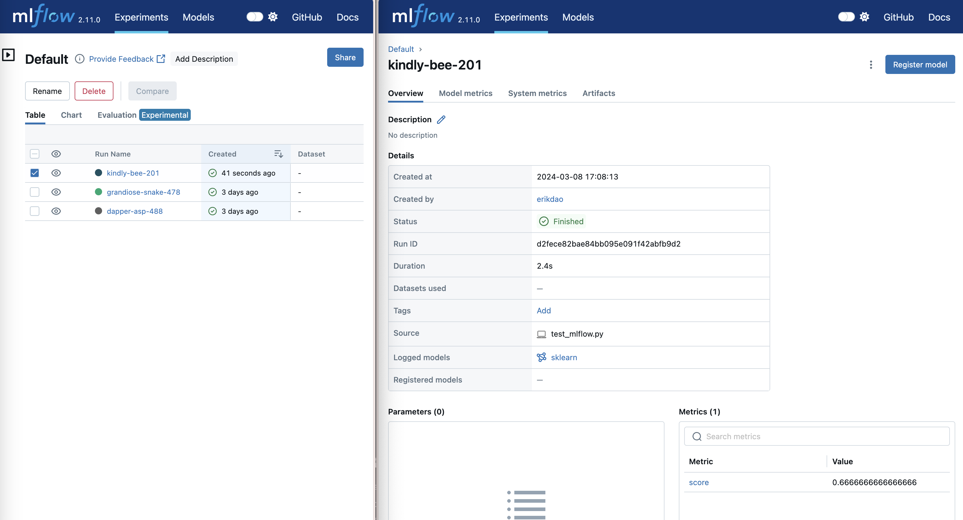 MLFlow UI with experiment